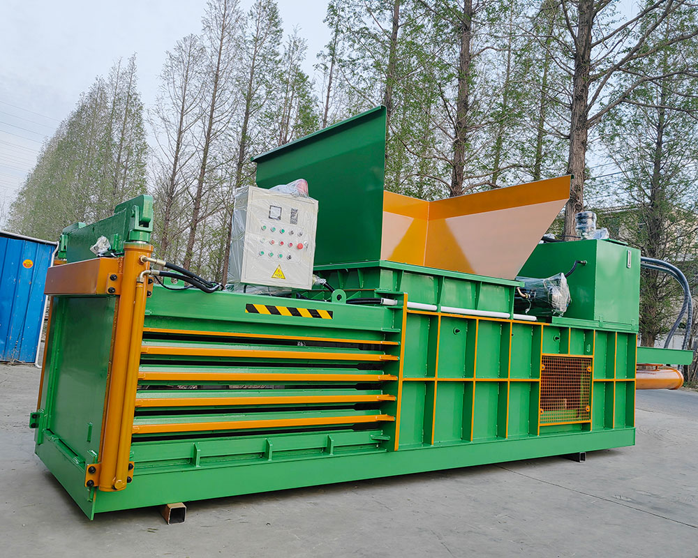 Automatic horizontal baler with auto-tie feature for waste