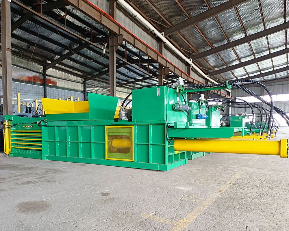 Closed-door horizontal baler for secure and safe waste compaction.