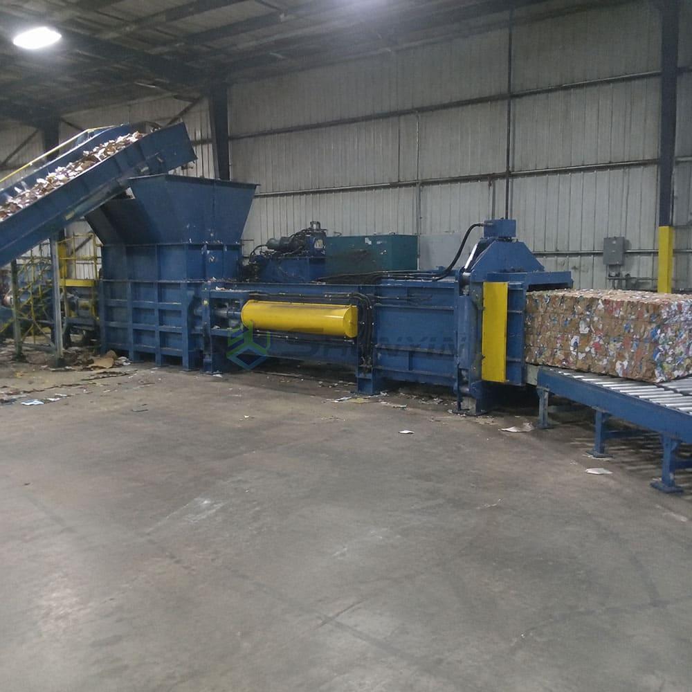 Bale ejection system and downstream handling for horizontal hydraulic baler machine bale ejection and conveyor system on horizontal baler