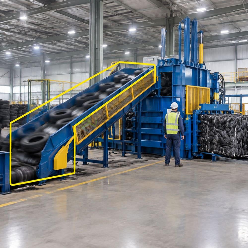 Tire baler producing high output High-throughput tire baling operation