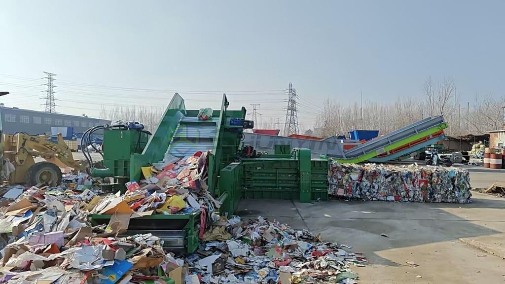 Textile waste bales prepared for recycling